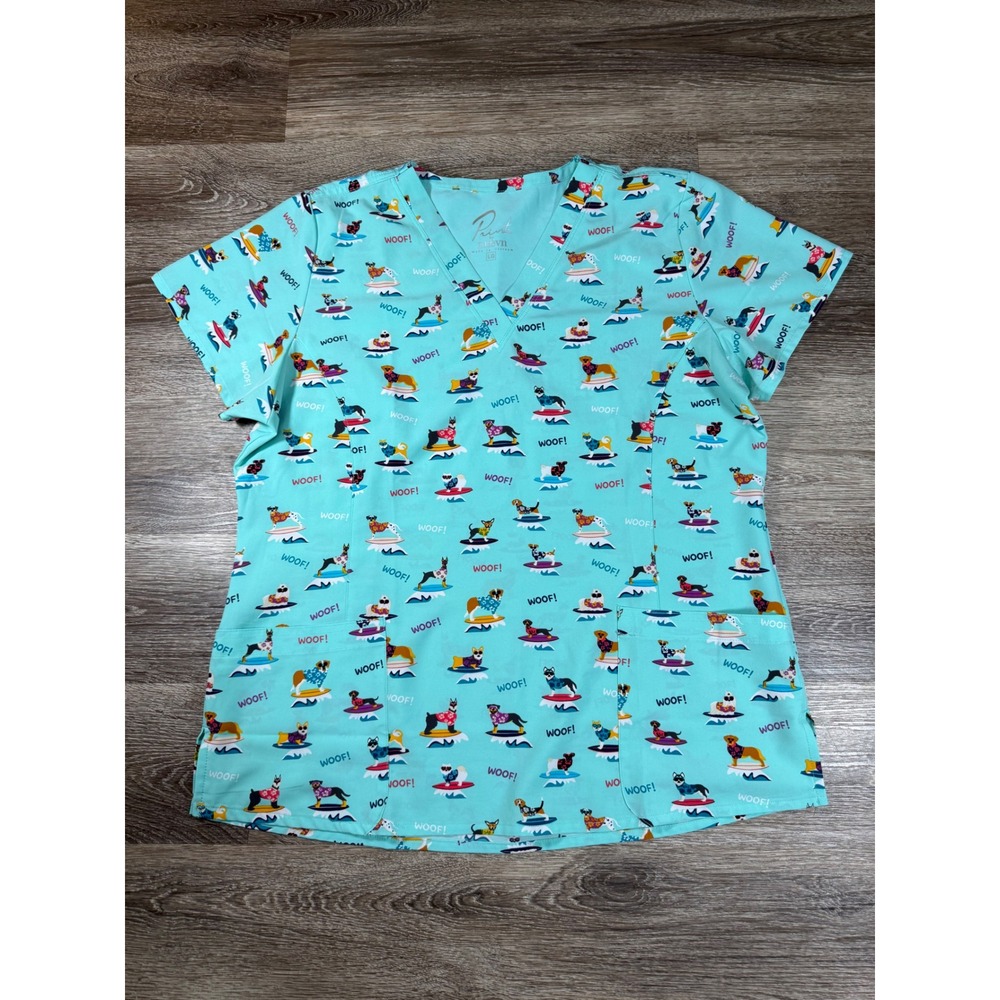 Maevn Prints Blue Surfing Dogs Woof Scrub Top V-Neck Pockets Large Dog Lover